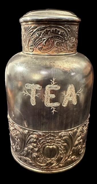 Victorian James W. Tufts Tea Cannister: Victorian James W. Tufts quadruple plate tea cannister. Measures 7" tall and 4.5" across at base. Domestic shipping $16.