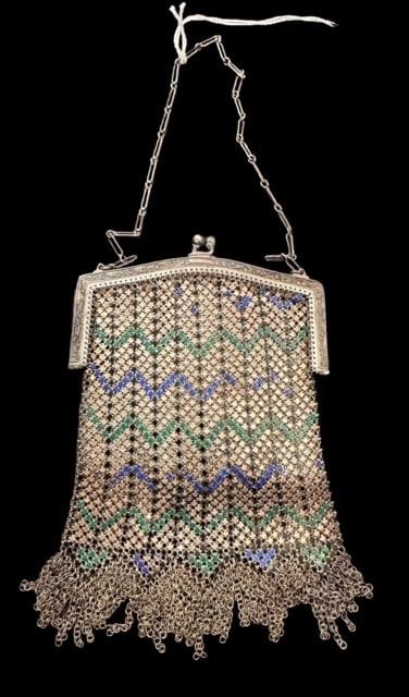 Whiting and Davis Ladies Mesh Purse With Design: Whiting and Davis ladies mesh purse. One sided green and blue sawtooth design. Measures 4.5" wide. Domestic shipping $8.