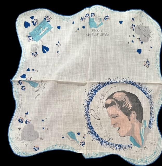 Original Elvis Presley Ladies Handkerchief: Original Elvis Presley ladies handkerchief. Printed signature and "My best". Has names of songs on corners. Measures 12.5". Domestic shipping $8.