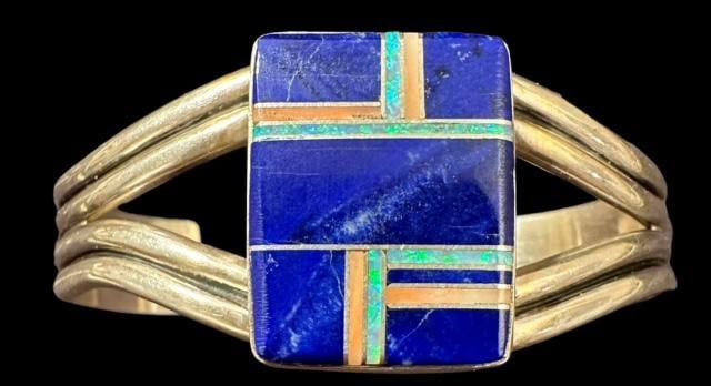 Native American Sterling, Opal and Lapis Cuff Signed LEE (1 of 2)