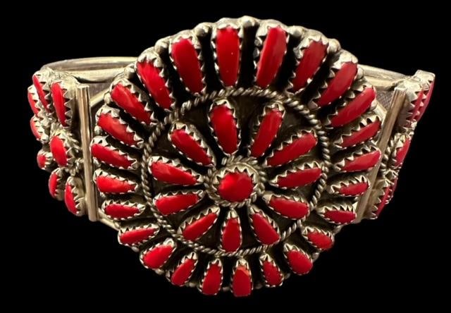 Native American Signed J VE Sterling and Coral Cuff Bracelet (1 of 3)