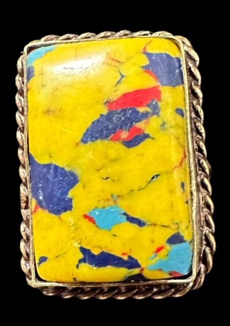 Mosaic Balloon Jasper Ring in Sterling: Balloon Mosaic Jasper ring. Size 8. Stone measures 1" x .75". Stamped sterling. Domestic shipping $6.