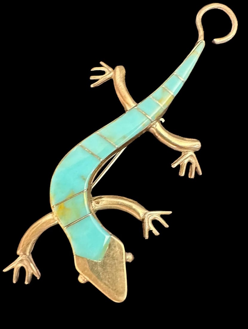 Native American Sterling and Turquoise Pin/Pendant: Native American sterling and turquoise salamander pin or pendant. Marked sterling. Measures 3" long. Domestic shipping $8.