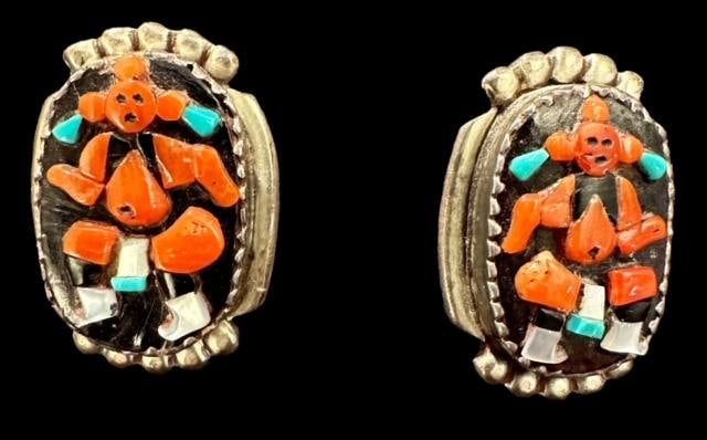 Mudhead Signed Zuni Pierced Earrings Sterling, Coral, Turquoise Signed JAC (1 of 2)