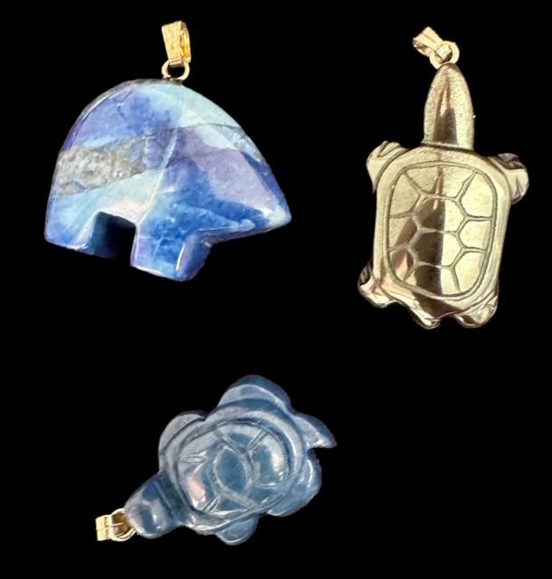 Lot of Three Stone Fetish Pendants Lapis. Hematite Turtle and Bears (1 of 3)