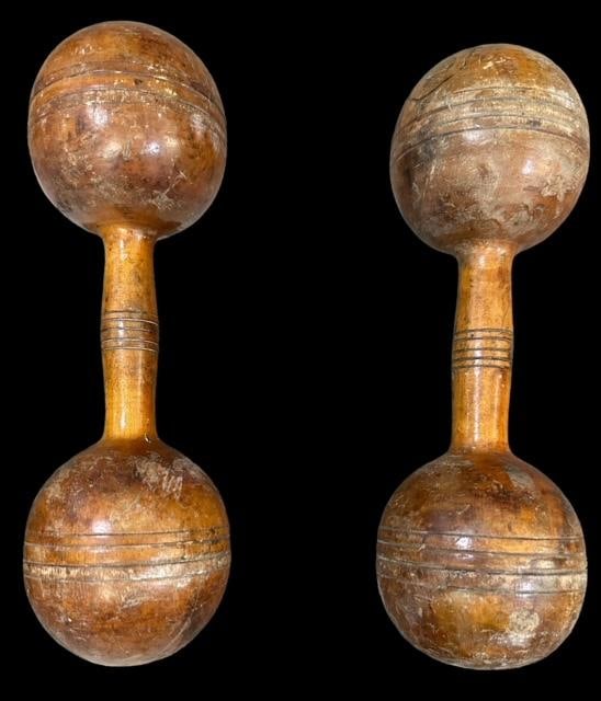 Pair of Antique Indian (India) Wood Spalding Dumbbells (1 of 3)