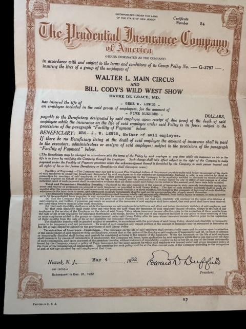 Life and Injury Insurance Policy - Bill Cody's Wild West Show Ca. 1932 RARE (1 of 2)