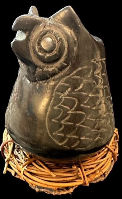 Native American Signed Mata Ortiz Owl Figure: Possible Mata Ortiz pottery owl figure on woven branch base. Signed. See photos for signature. Measures 3.5" tall. Domestic shipping $12.