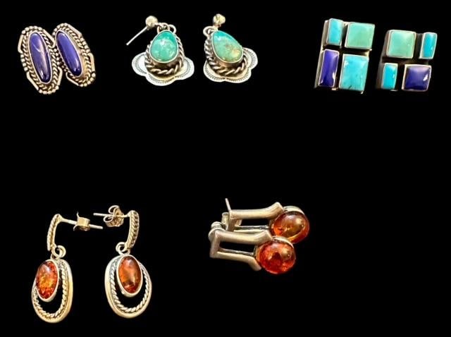 Lot of Five Native American Sterling and Stone Pierced Earrings (1 of 2)