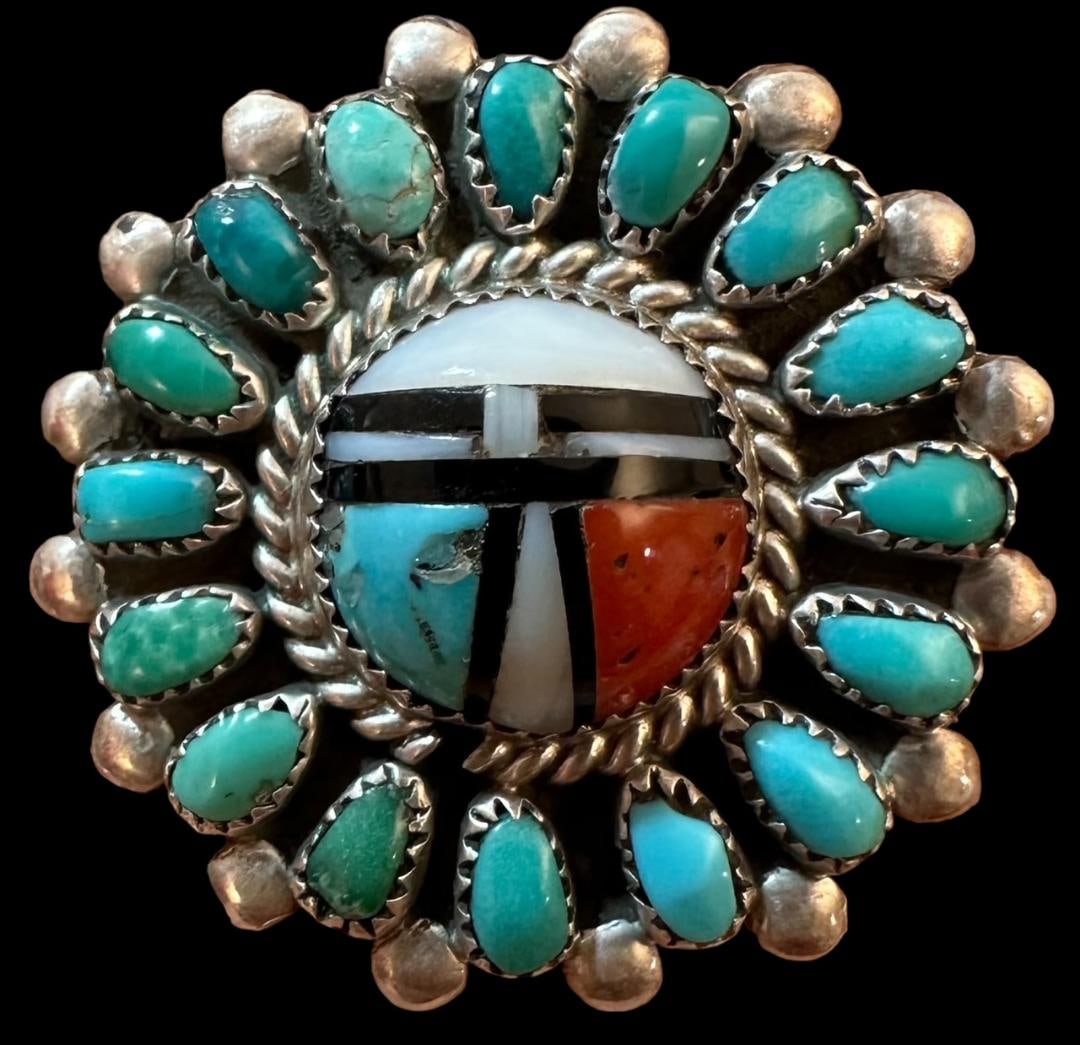 Native American Zuni Inlaid Turquoise Ring: Native American Zuni inlaid turquoise sun face design ring. Size 8.5. Unsigned/unstamped. Domestic shipping $8.