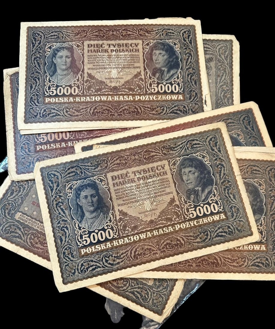 Lot of 23 Circulated Polish Currency Ca. 1920s: Lot of 23, 5000 circulated Polish currency. Polska-Krajowa-Kasa-Pozyczkowa. Ca 1920's. Series II and III. Domestic shipping $10.