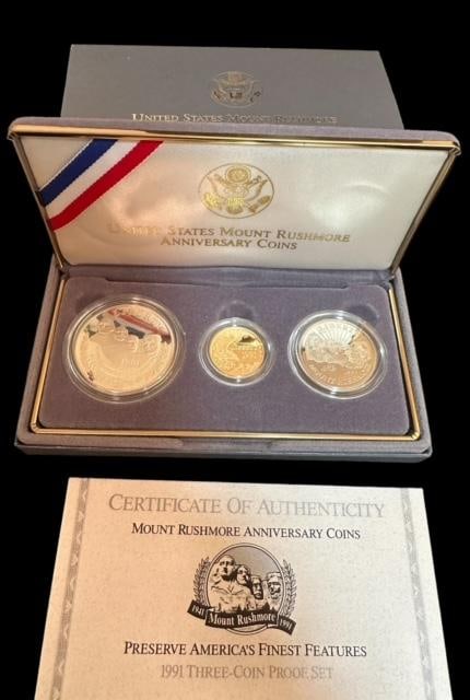1991 U.S. Mint Mount Rushmore Anniversary Coin Set $5 GOLD (1 of 3)