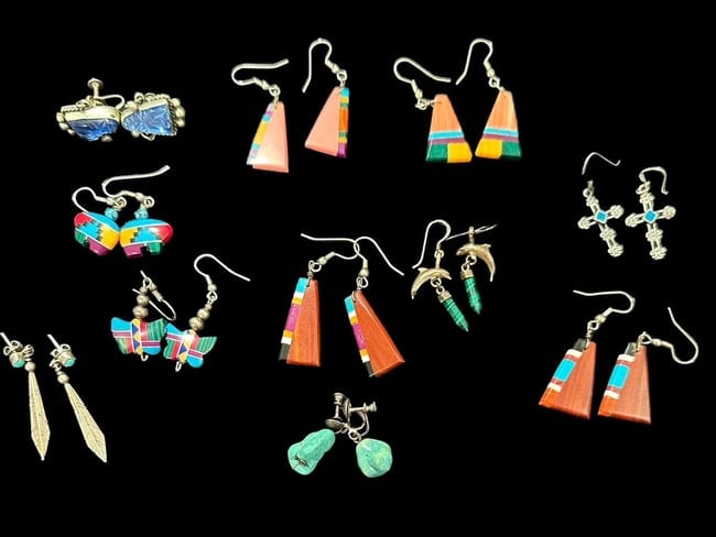 Lot of Eleven Native American/Mexican Earrings: Lot of 11 Native American earrings. Includes sets from Zuni, Navajo, Santo Domingo Pueblos. Eleventh earring set is from Mexico and is sterling with faceted stone/glass inset. Domestic shipping $16.