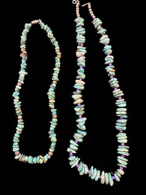 Lot of Two Native American Navajo Turquoise Necklaces: Lot of two Native American Navajo turquoise and bead necklaces. Beautiful turquoise pieces in a variety of colors, sizes and shapes. One measures 22" and the other 17". Domestic shipping $12.