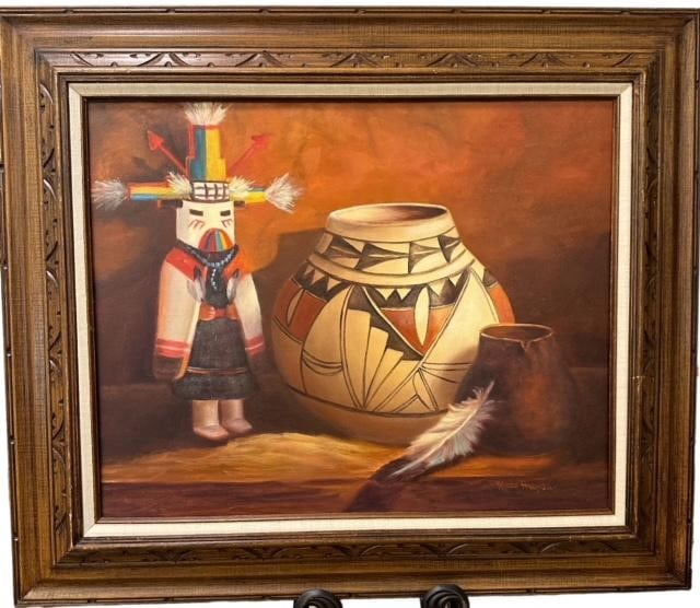 Original Oil Painting by NM Artist Mary Haynes: Original oil on canvas painting of a kachina and pottery by New Mexico artist Mary Haynes. Framed artwork measures 40" x 34". Visible artwork measures 34" x 29". Shipping calculated at end of auction.