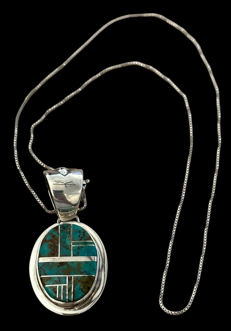 Sterling Italian Necklace with Native American Inlaid Pendant Signed A. Lewis (1 of 4)