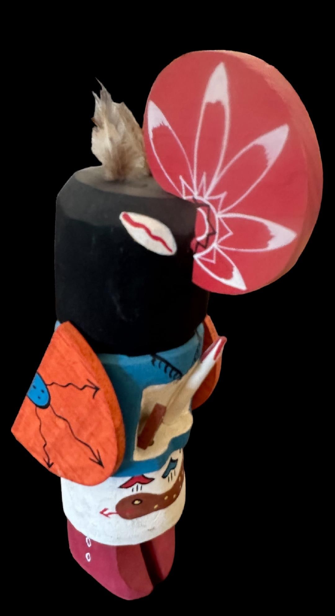 Native American Hand Carved Kachina Signed Warrior: Native American hand carved kachina. Wonderful hand painted and carved details with a snake on the lower part. Signed "Warrior". Measures 10.75". Domestic shipping $14.