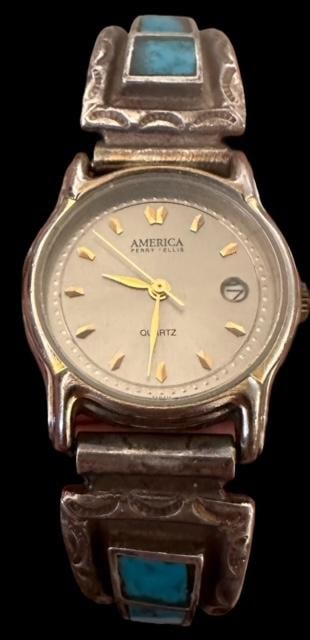 Native American Navajo Sterling and Turquoise Watch Band: Native American Navajo sterling (tested) and turquoise women's watch band. Unmarked. Watch connectors 5/8" by 1" Domestic shipping $10.