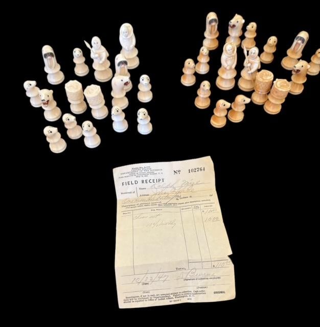 Inuit Hand Carved Walrus Tusk Chess Pieces 1947: Hand carved walrus tusk chess pieces Native American. Purchased in 1947 and includes original bill of sale issued from the Office of Indian Affairs. Domestic shipping $20