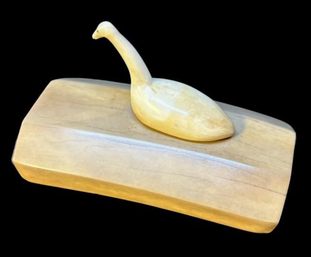 Vintage Eskimo Carved Seabird Figure Paperweight Carved Walrus Tusk Mid-Century: Vintage Eskimo carved seabird on a polished walrus tusk base. Bird affixes with a peg to base. Measures 3" x 1.5". Domestic shipping $12.