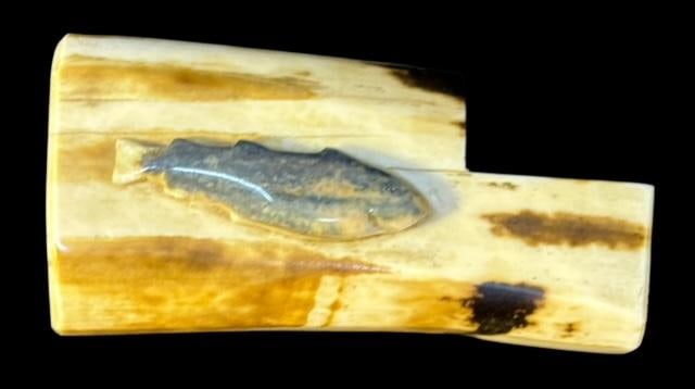 Vintage Eskimo Carved Walrus Tusk Salmon Figure Paperweight: Vintage Eskimo carved walrus tusk salmon on walrus tusk base. Base measures 3.75" x 2". Fish is 1.75" long. Domestic shipping $10.