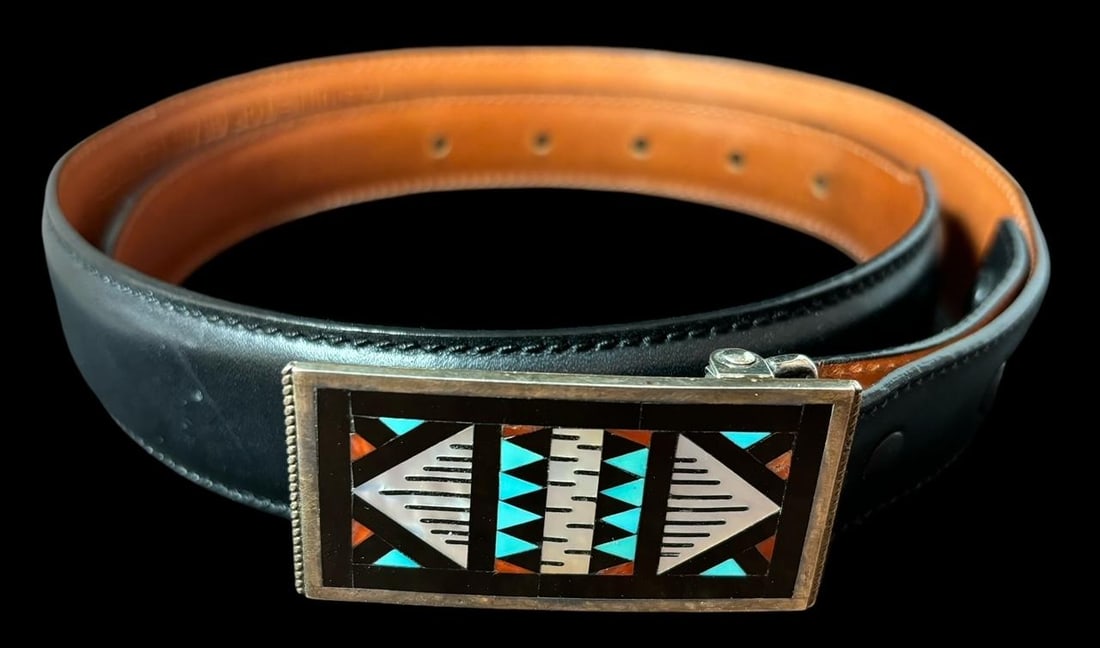 Native American Zuni Leather Belt with Signed Lisa Othole Inlaid Belt Buckle (1 of 4)