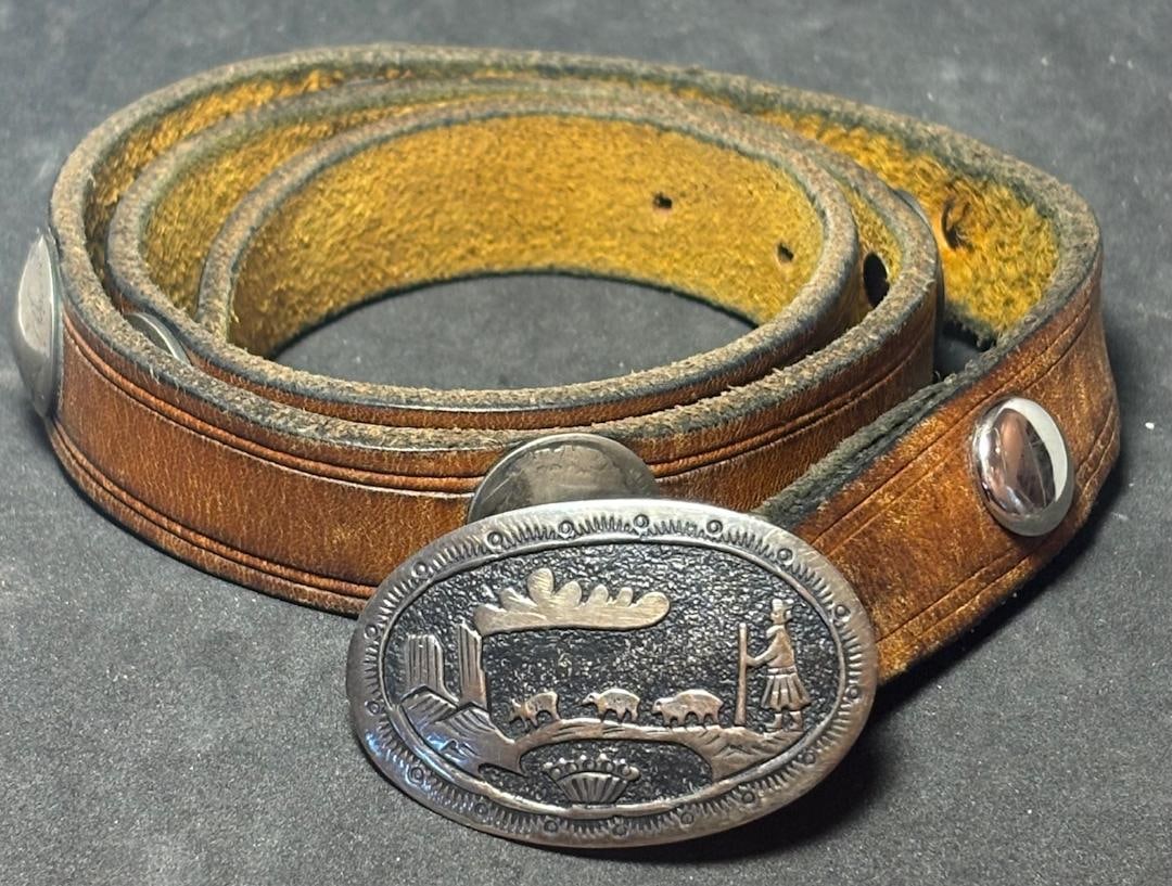 Native American Sterling Storyteller Buckle with Buffalo Nickel Insets Leather Belt (1 of 2)