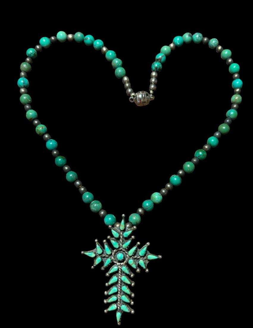 Native American Sterling and Turquoise Petit Point Cross Pendant Necklace (1 of 2)