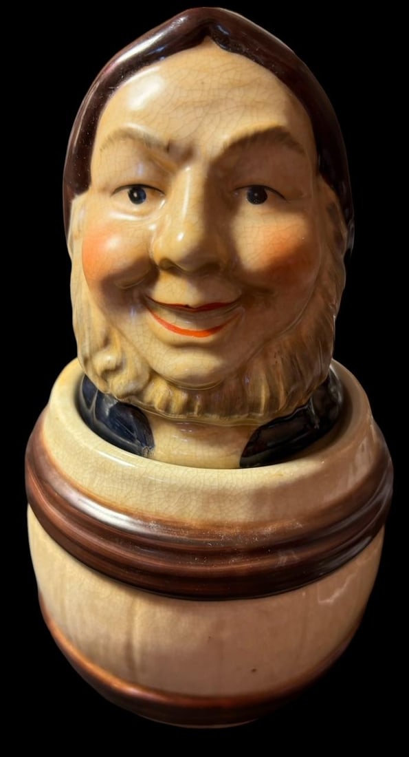 Porcelain Sailor in Barrel Tobacco Jar: Porcelain tobacco jar. In the shape of a sailor in a barrel. Marked on bottom. See photos. Measures 8". Domestic shipping $12.