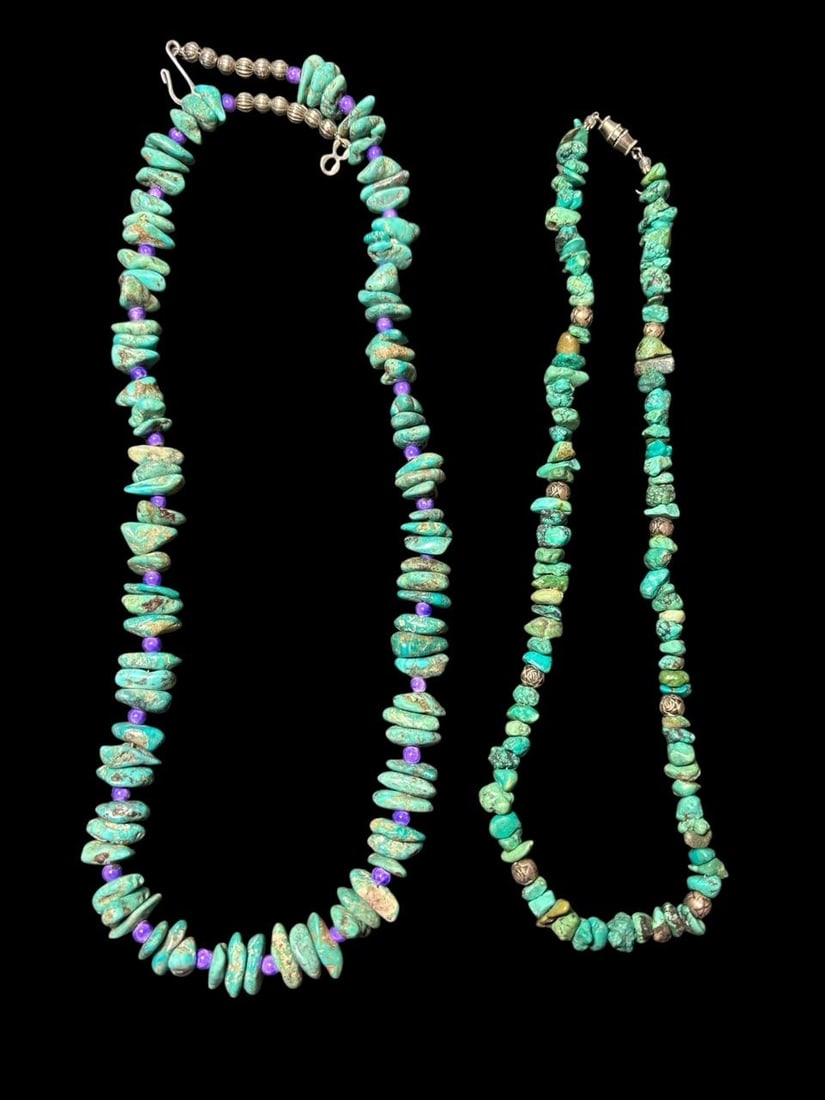Lot of Two Native American Navajo Turquoise Necklaces: Lot of two Native American Navajo turquoise and bead necklaces. Beautiful turquoise pieces in a variety of colors, sizes and shapes. One measures 22" and the other 17". Domestic shipping $12.