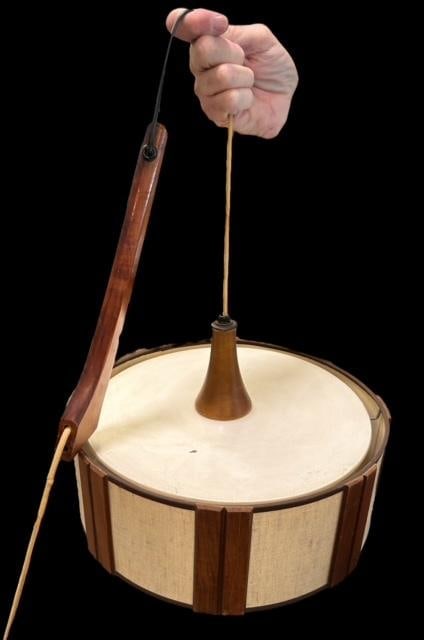 Mid-Century Modern Fabric and Teak Wood Hanging Lamp: Mid-century modern fabric panel and teak wood hanging lamp. Shade measures 14" across by 5.25" tall. Cord measures 8'. See photos for condition. Domestic shipping $40.