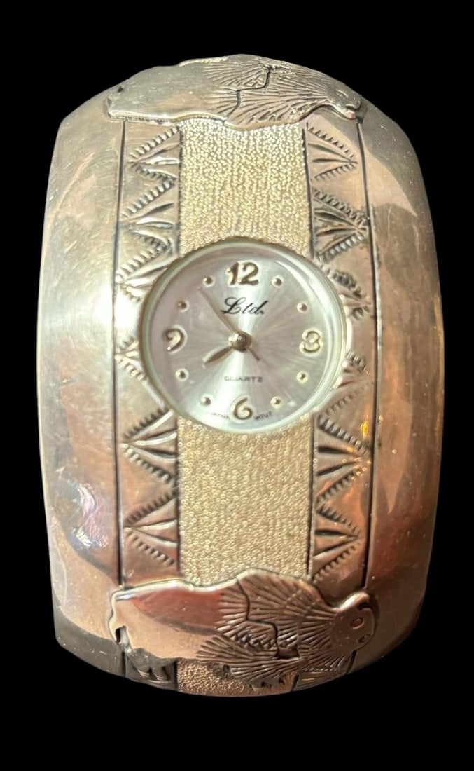 Native American Sterling Cuff Watch Band Signed RJ and Hallmark Stamped Buffalo (1 of 4)