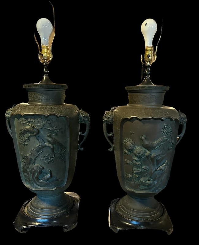 Pair of Large Bronzed Metal Meiji Period Lamps (1 of 11)
