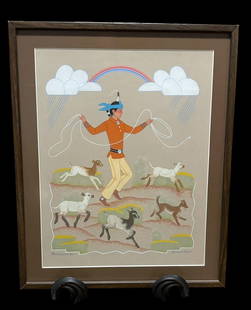 Original Haskay Yahme Yah (Harrison Begay (1917-2012) Watercolor/Pen and Ink Painting: Original painting by Harrison Begay (1917-2012). Also known as Haskay Yahme Yah. Visible art measures 11.75" x 15.5". Framed measures 15" x 19". Domestic shipping $30.