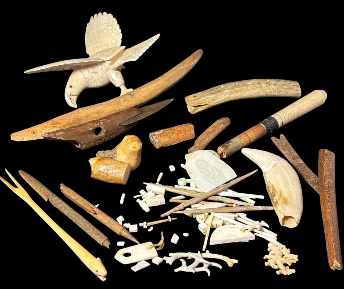Lot of Alaskan Fossilized Fragments: Lot of assorted Inuit/Alaskan fossilized tusk bone fragements and wood artifacts, tools and figures. Quarter for size. Domestic shipping $16.