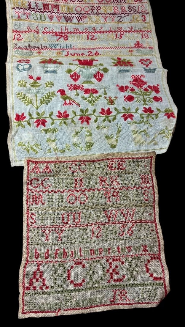Lot of Two Student Needlepoint Samplers 1878 and 1879: Lot of two child needlepoint samplers. Dated 1878 and 1879 and made by Agnes Ramsey and Isabella Wight. Measure 13" x 10.5" and 8" x 7.5". Nice condition. Domestic shipping $8.