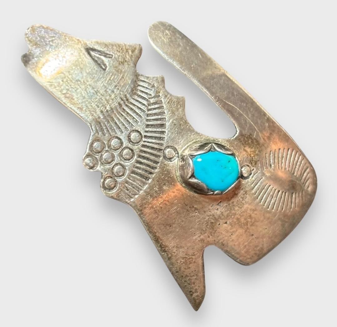 Navajo Sterling and Turquoise Coyote Pin Signed HIJE: Signed HIJE Native American Navajo coyote pin/pendant. Sterling with turquoise stone. 1" x 1.75" Domestic shipping $6