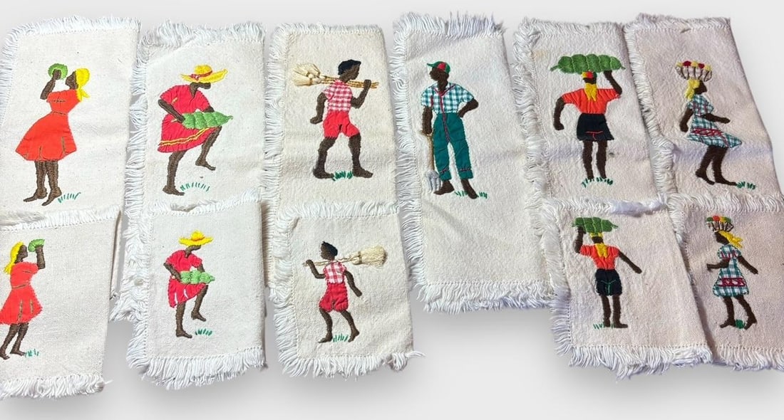 Set of Eleven Jamaican Womans' League Knit Napkins: Set of 11 vintage knit napkins by Jamaica Womans' League. Colorful appliqued native figures. Measure 8" x 11" and 7" x 5". Domestic shipping $8.