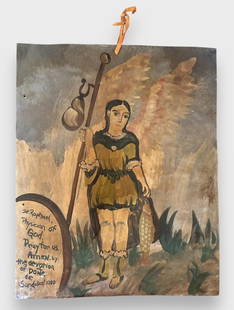 Hand Painted St. Raphael Retablo Painting Juana Gomez: Hand painted St. Raphael retablo painting. Marked: St. Raphael, Physician of God, Pray for us. Amen. By the devotion of Dane de Sandobal, 1780. Signed by Juana Gomez. Found in Santa Fe, NM. Measures 8
