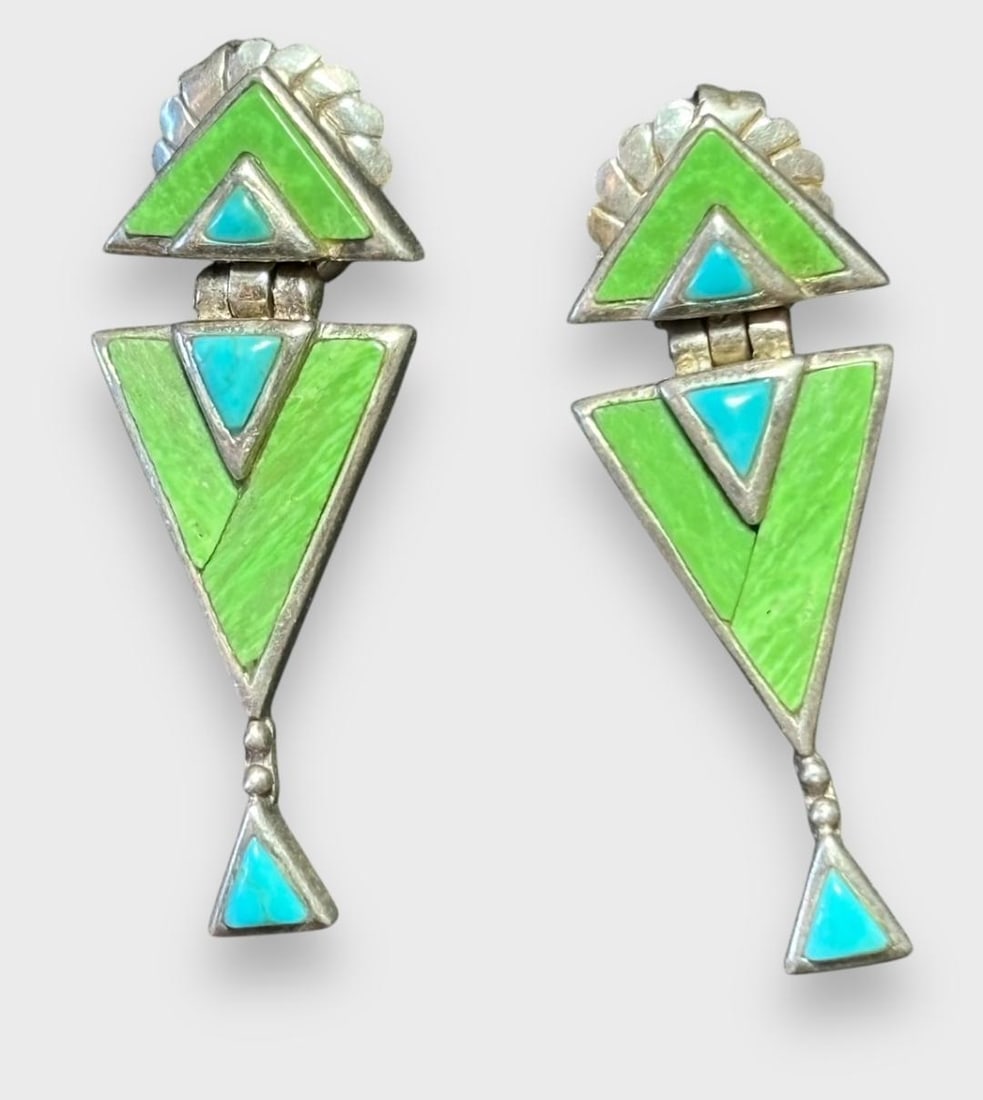 Native American Navajo Green and Blue Turquoise Earrings Signed PB: Native American green and blue turquoise and sterling pierced ear earrings. Signed PB. Measures 1". Domestic shipping $6.