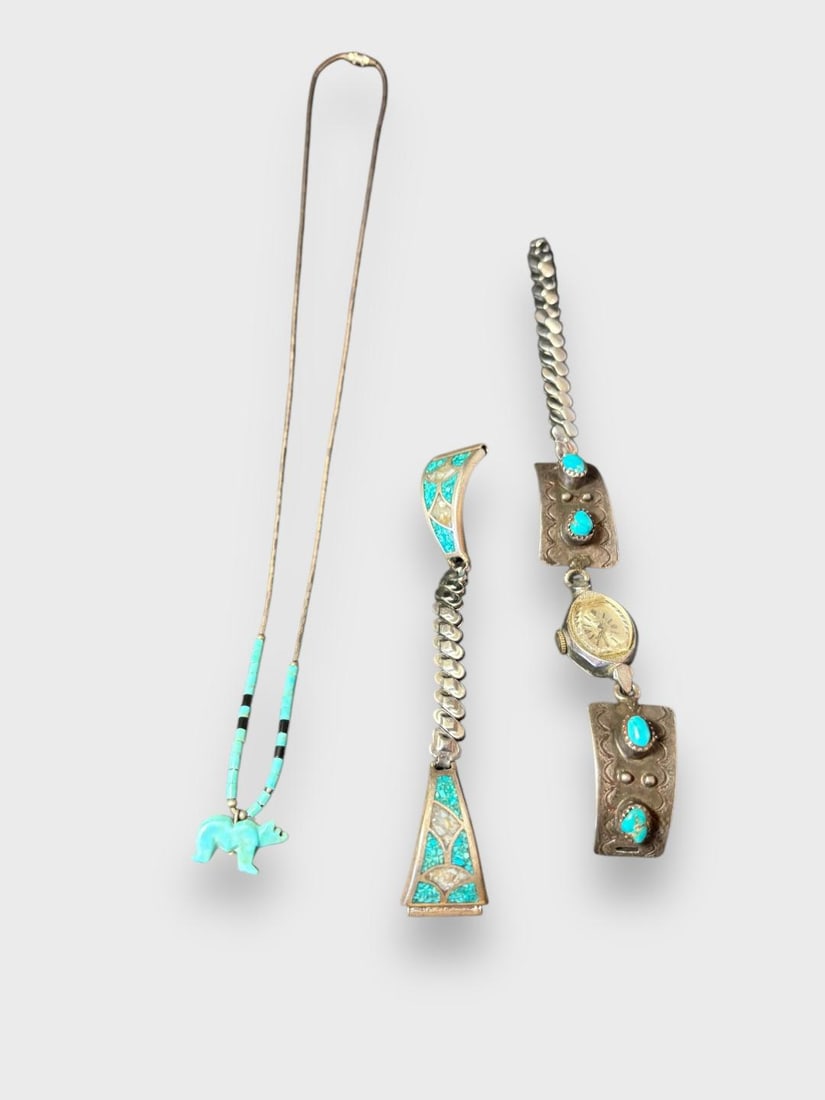 Lot of Three Native American Jewelry Pieces- Two Watch Bands and One Bear Necklace (1 of 5)