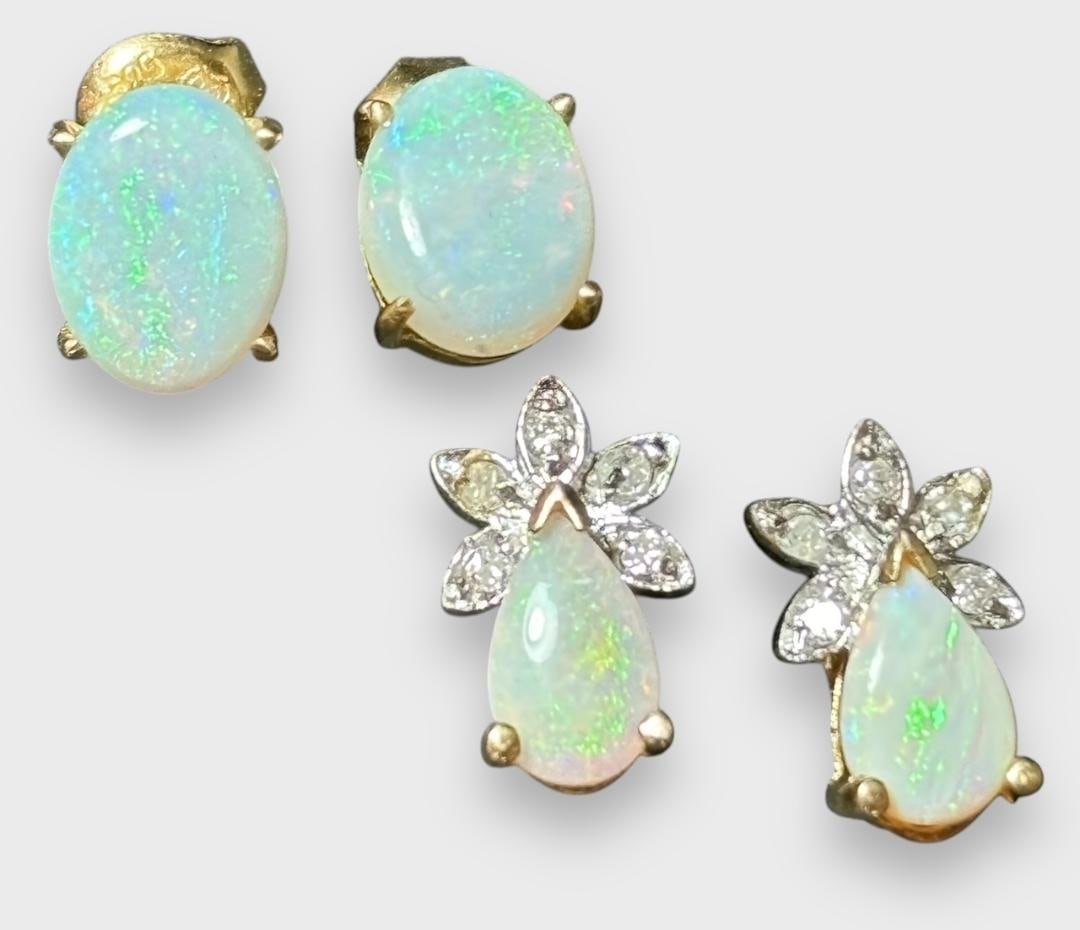 Two Pairs of 14K Gold and Opal Earrings with Diamonds (1 of 2)