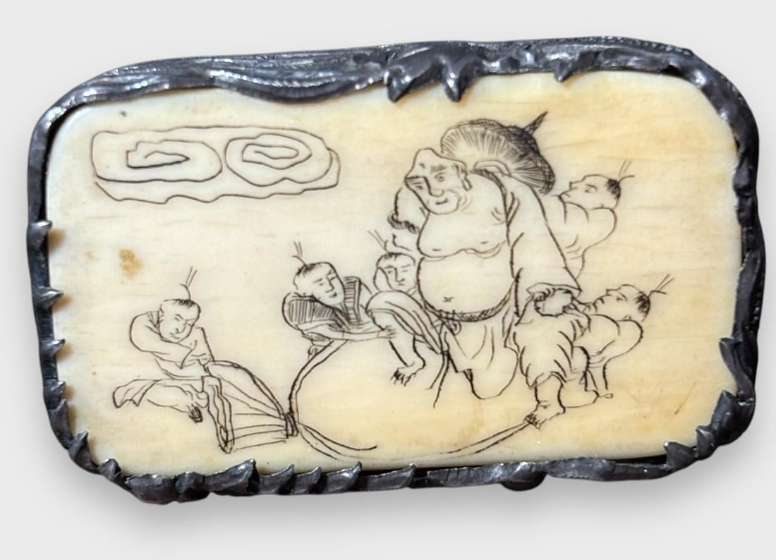 Sterling and Scrimshaw Bone Brooch Hallmark Signed RARE Japanese: Sterling and bone brooch with scrimshaw Asian design. Hallmark signed. Measures 1.25" x .75". Domestic shipping $8.