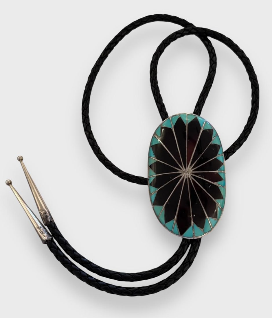 Native American Zuni Sterling, Onyx and Turquoise Bolo Tie (1 of 4)