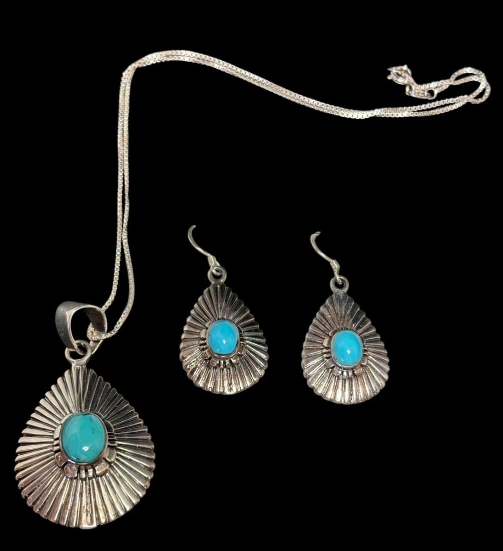 Native American Navajo Sterling and Turquoise Necklace and Earring Set Hallmark Signed: Native American Navajo sterling and turquoise pendant necklace and earring set. Marked sterling and hallmark signed turquoise pendant on a 15" Italian sterling chain. Hallmark signature features a hal
