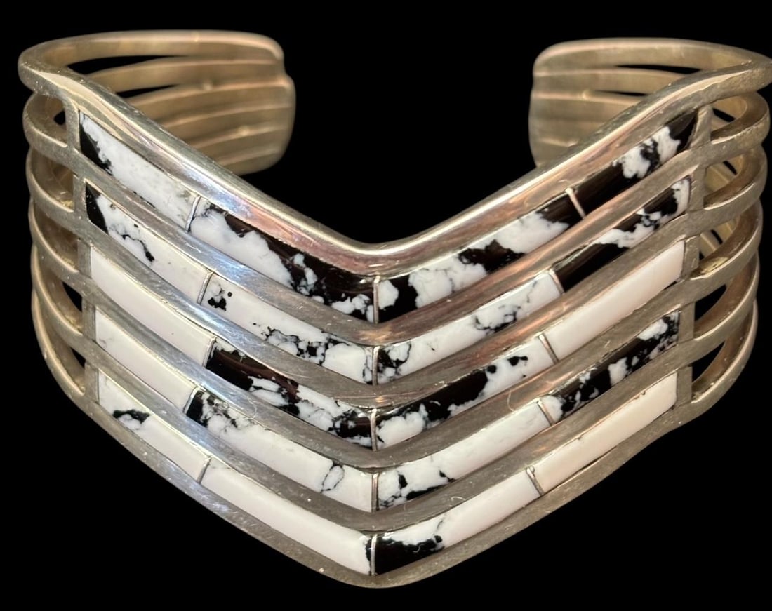 Native American Navajo Signed AE Sterling and White Buffalo Turquoise Cuff Bracelet (1 of 2)