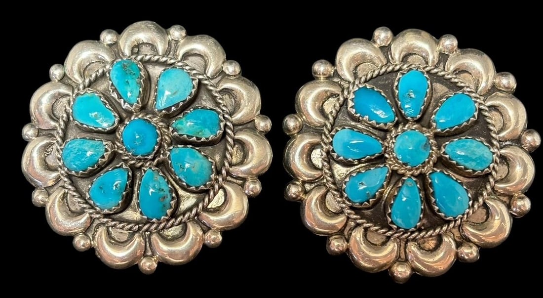Native American Navajo Turquoise and Sterling Signed EJW Earrings: Native American Navajo sterling and turquoise pierced earrings. Signed EJW and marked sterling. Measure 1.5. Domestic shipping $8.