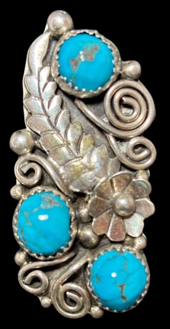 Navajo Native American Sterling and Turquoise Ring Signed S: Native American sterling and turquoise ring. Signed S and marked sterling. Size 8. Domestic shipping $10.