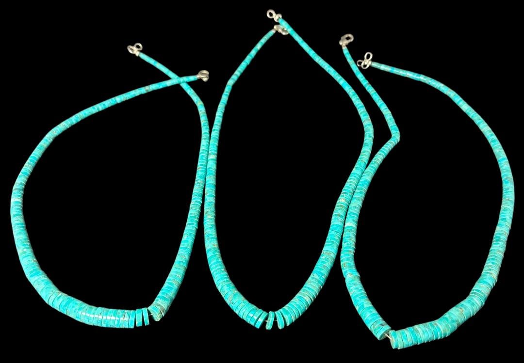 Lot of Three Native American Turquoise Flat Bead Necklaces (1 of 2)