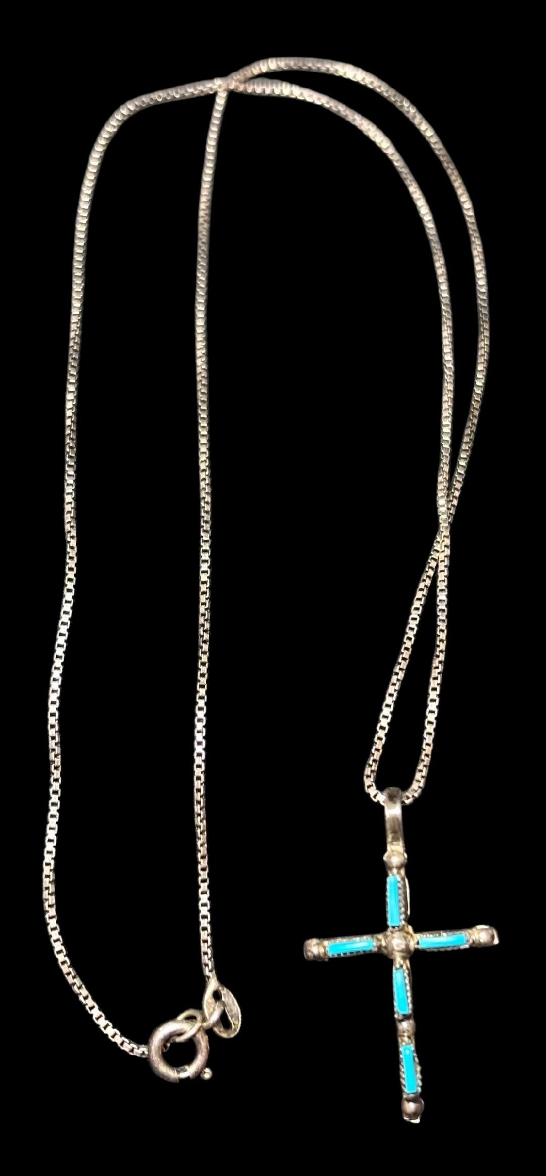 Native American Sterling, Coral and Turquoise reversible Petit Point Cross Necklace: Native American sterling 20" necklace with a coral on one side and turquoise on the other petit point cross pendant. No silversmith signature or hallmark on cross. Chain tested sterling. Domestic ship